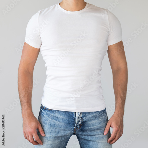 Man wearing a white cotton shirt with empty space for your text or logo