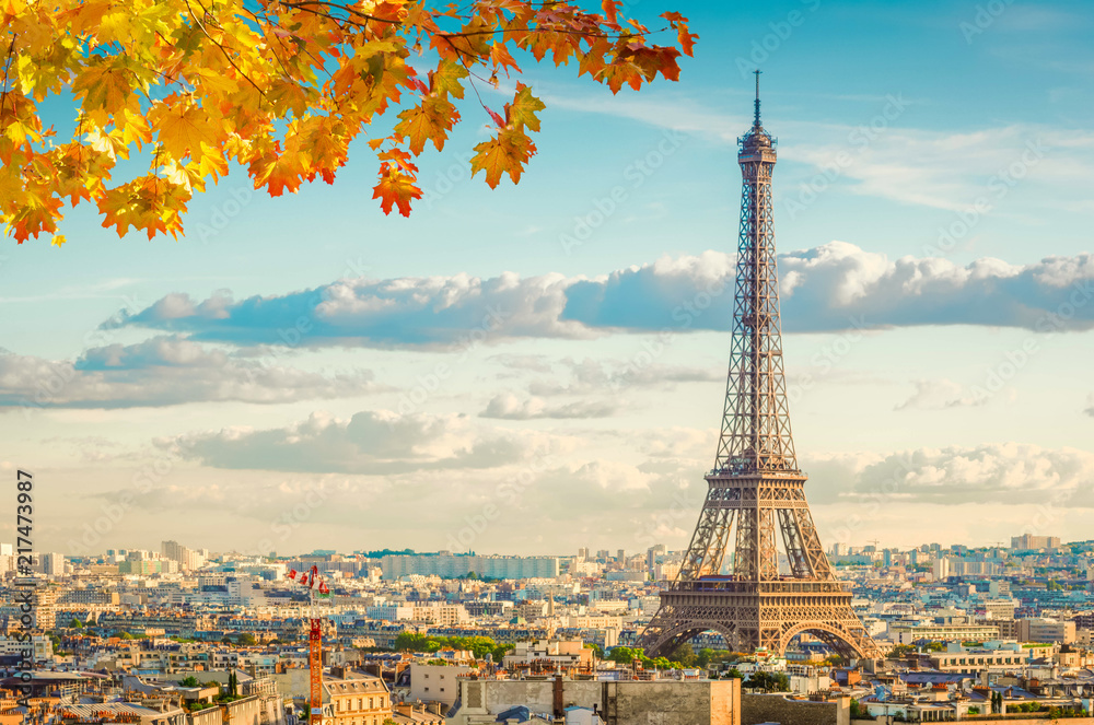 Fototapeta premium famous Eiffel Tower landmark and Paris old roofs at fall day, Paris France, toned