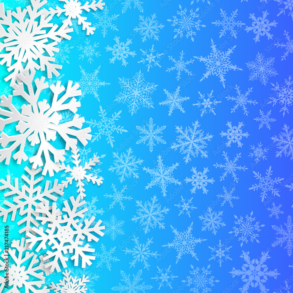 Christmas illustration with big white snowflakes with shadows on light blue background