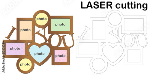 Frame for photos with inscription 'I love you' for laser cutting. Collage of photo frames. Template laser cutting machine for wood and metal. The perfect gift for St. Valentine's Day.