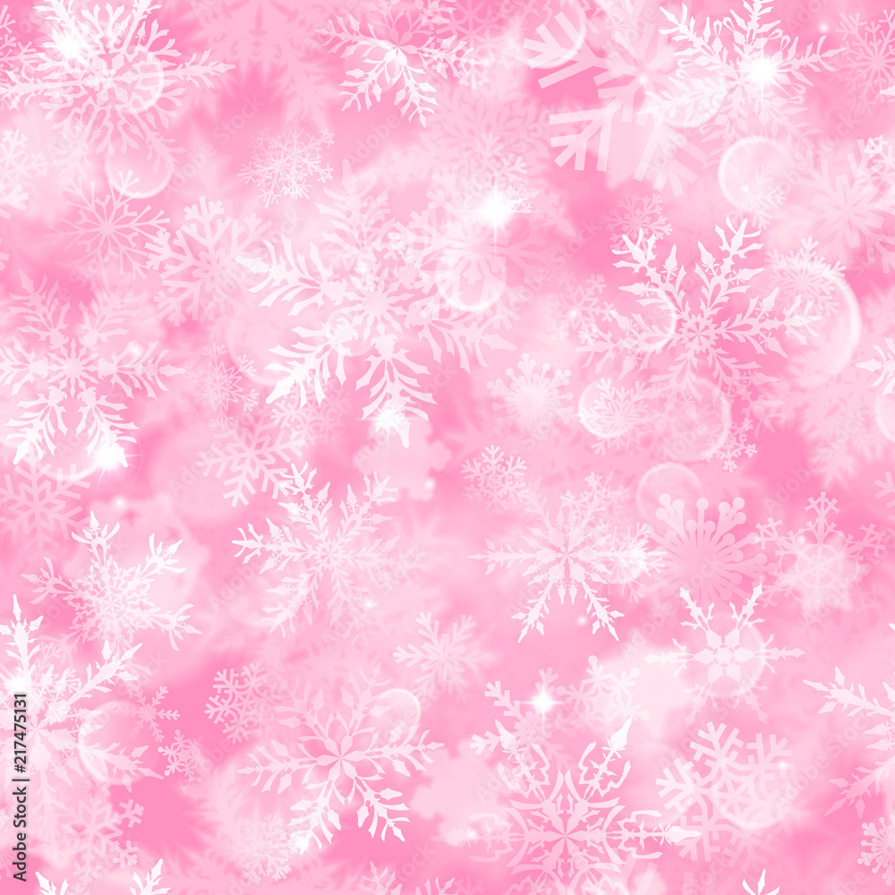 Christmas seamless pattern with white blurred snowflakes, glare and sparkles on pink background