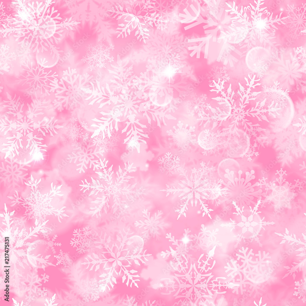 Christmas seamless pattern with white blurred snowflakes, glare and sparkles on pink background Christmas seamless pattern with white blurred snowflakes, glare and sparkles on pink background