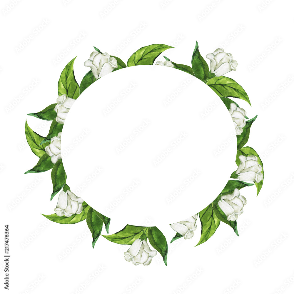 Fototapeta premium White lilly flowers and green leaves round frame isolated on white background. Hand drawn watercolor illustration.