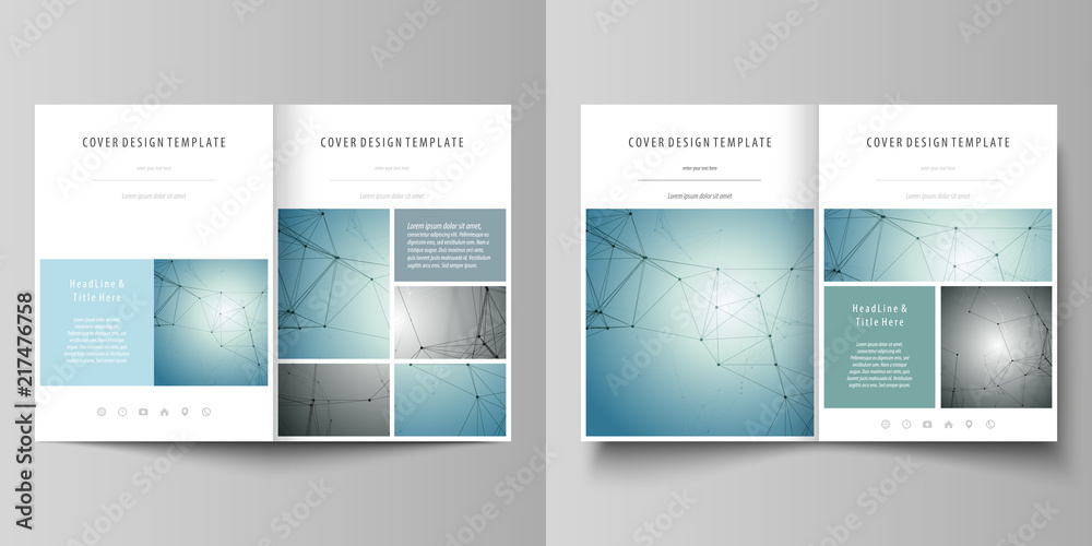 Business templates for bi fold brochure, magazine, flyer, booklet or report. Cover design template, vector layout in A4 size. Geometric background. Molecular structure. Scientific, medical concept.