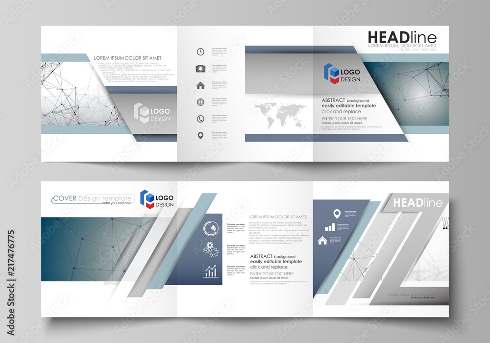 Set of business templates for tri fold square design brochures. Leaflet cover, abstract vector layout. DNA and neurons molecule structure. Medicine, science, technology concept. Scalable graphic.