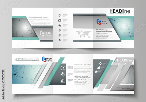 Set of business templates for tri fold square design brochures. Leaflet cover, vector layout Geometric background, connected line and dots. Molecular structure. Scientific, medical, technology concept