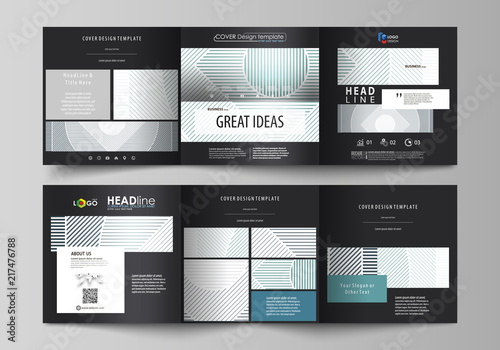 Set of business templates for tri fold square design brochures. Leaflet cover, abstract vector layout. Minimalistic background with lines. Gray color geometric shapes forming simple beautiful pattern.