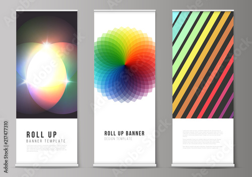 The vector illustration of the editable layout of roll up banner stands, vertical flyers, flags design business templates. Abstract colorful geometric backgrounds in minimalistic design to choose from