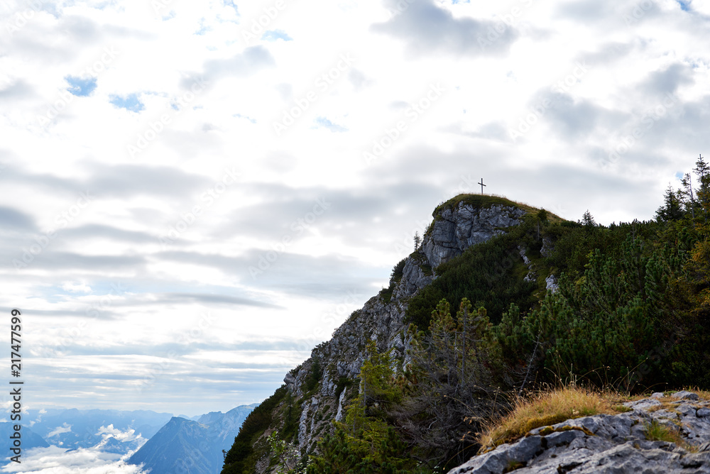 Aerial view on the cross on the top of the peak Austria. Beautiful landscape. Salzkammergut region, Kalmberg, Austria. Aerial view on the cross on the top of the peak Austria. Beautiful landscape. Salzkammergut region, Kalmberg, Austria.