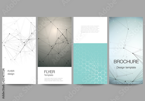 The abstract vector layout of four modern vertical banners, flyers design business templates. Technology, science, medical concept. Molecule structure, connecting lines and dots. Futuristic background