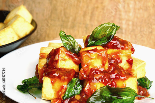 Fried Tofu with Spicy Basil Sauce or Stir Fried Tofu with Thai Basil. Healthy Tofu Recipes menu.