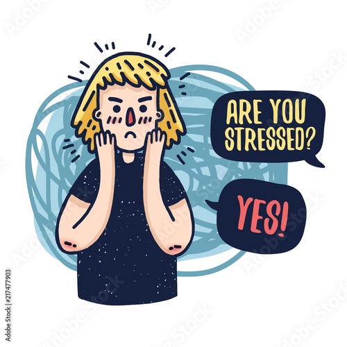 Design a banner with the head of a young sad woman. A cartoon girl with stress. Illustration of an angry character with a anxiety face and headache. Vector