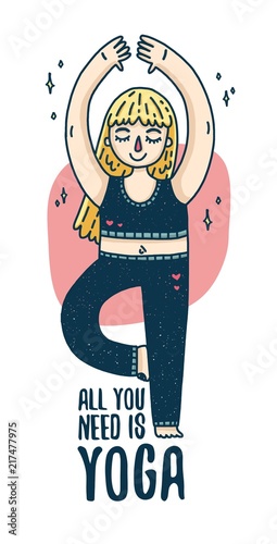 Design of a poster with a young blonde girl for a yoga studio. Plus size woman in tree pose sports. A motivating poster for yoga. Print with a cartoon character. Vector.