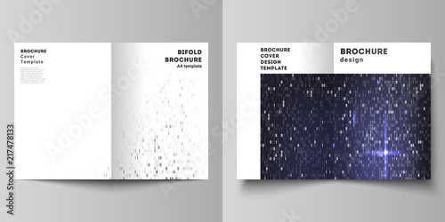 Vector layout of two A4 format modern cover mockups design templates for bifold brochure, flyer, booklet. Binary code background. AI, big data, coding or hacker concept, digital technology background.