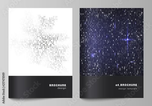 Vector layout of A4 format cover mockups design templates for brochure, magazine, flyer, booklet, report. Binary code background. AI, big data, coding or hacker concept, digital technology background