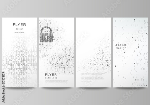 The minimalistic vector illustration of the editable layout of flyer, banner design templates. Binary code background. AI, big data, coding or hacker concept, digital technology background.