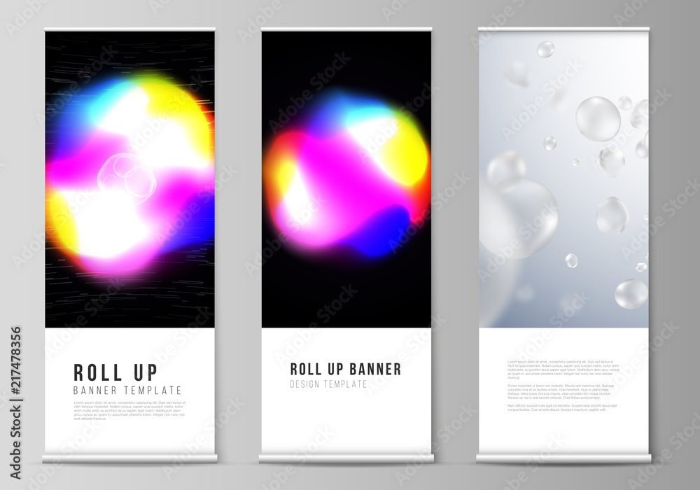 Fototapeta premium The vector layout of roll up banner stands, vertical flyers, flags design business templates. Sci-fi technology background. Abstract futuristic or medical consept backgrounds to choose from.