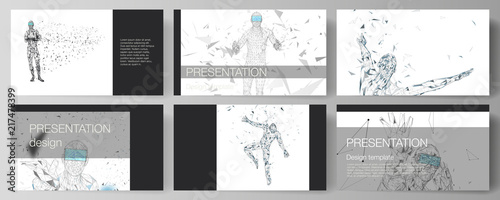 The minimalistic abstract vector illustration of the editable layout of the presentation slides design business templates. Man with glasses of virtual reality. Abstract vr, future technology concept.