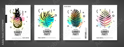 Set layout modern poster design for a summer party. Template with a decoration silhouette of tropical plant, pinapple and palm leaves and watercolor spots for a summer event. Vector