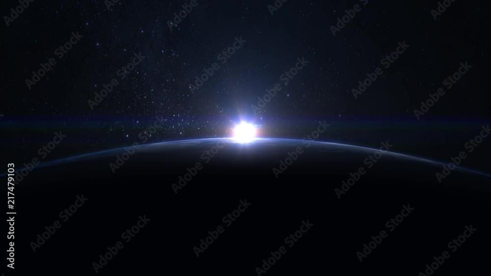 Sunrise over the Earth. Stars twinkle. The earth slowly rotates. Realistic atmosphere. Volumetric clouds. View from space. Starry sky. 4K.