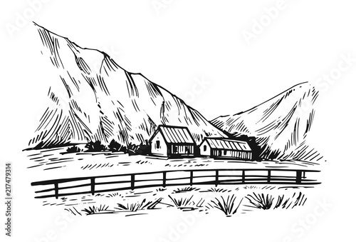 Rural landscape. Hand drawn illustration converted to vector