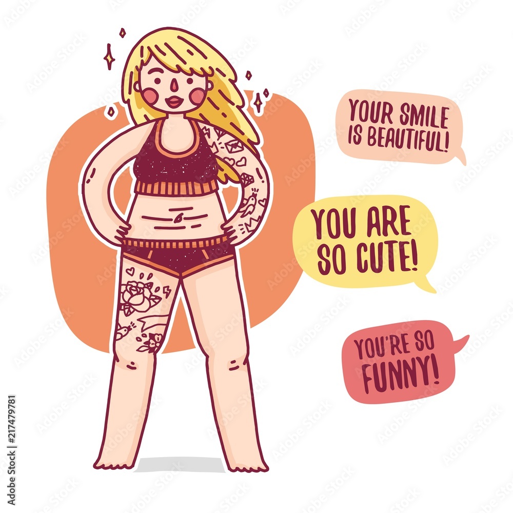Design banner with plus size blonde girl. Poster with cartoon character of a woman. Fat girl with tattoo in swimsuit for body positive illustration. Female model overweight. Vector Design banner with plus size blonde girl. Poster with cartoon character of a woman. Fat girl with tattoo in swimsuit for body positive illustration. Female model overweight. Vector