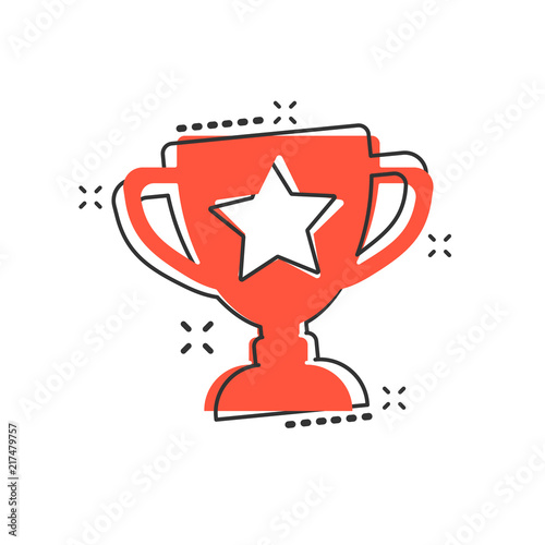 Vector cartoon trophy cup icon in comic style. Winner sign illustration pictogram. Award prize business splash effect concept.