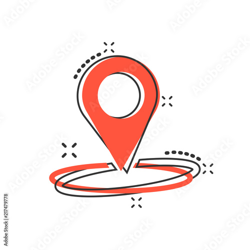 Vector cartoon pin location icon in comic style. Navigation map, gps sign illustration pictogram. Pin business splash effect concept.