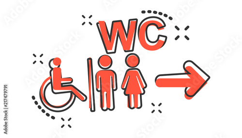 Vector cartoon WC, toilet icon in comic style. Men and women restroom sign illustration pictogram. WC business splash effect concept.