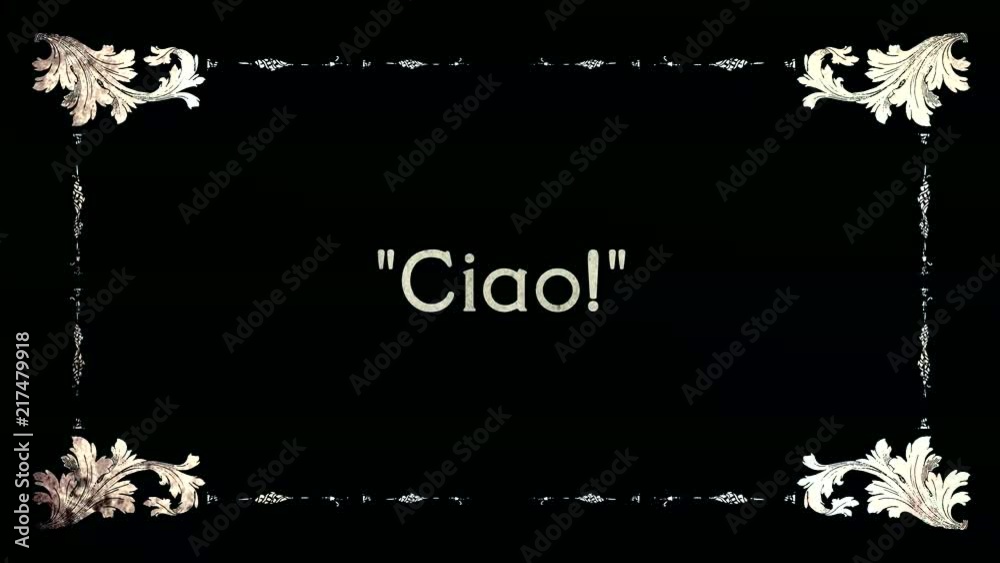 A re-created film frame from the silent movies era, showing intertitle greeting words: aloha (Hawaiian), ciao (Italian), hello (English, American), hola (Spanish), namaste (Indian).
