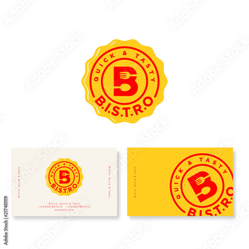 Bistro cafe logo. B letter with fork and spoon on yellow badge. Identity. Business card.