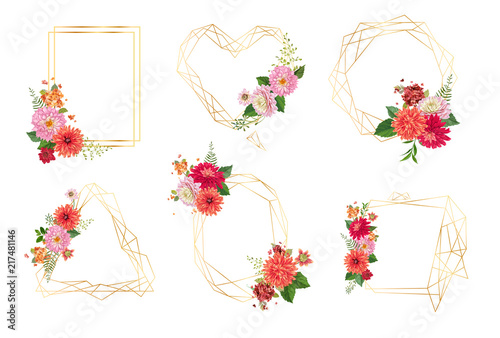 Watercolor Floral Frames for Wedding Invitation, Greeting Card, Holidays Decoration. Flowers Bouquets with Geometrical Elements Template Design. Vector illustration