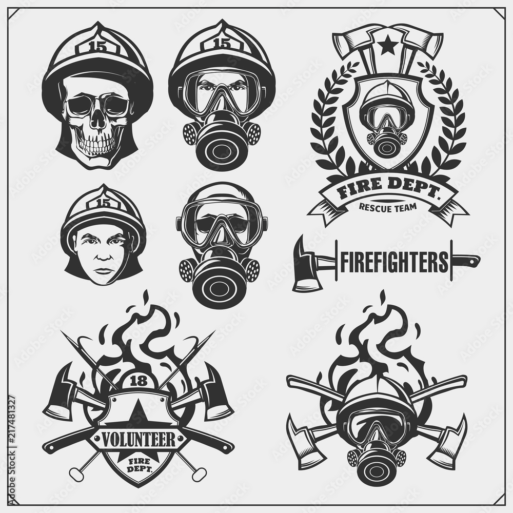 Set of firefighter emblems, labels and design elements. Vector ...