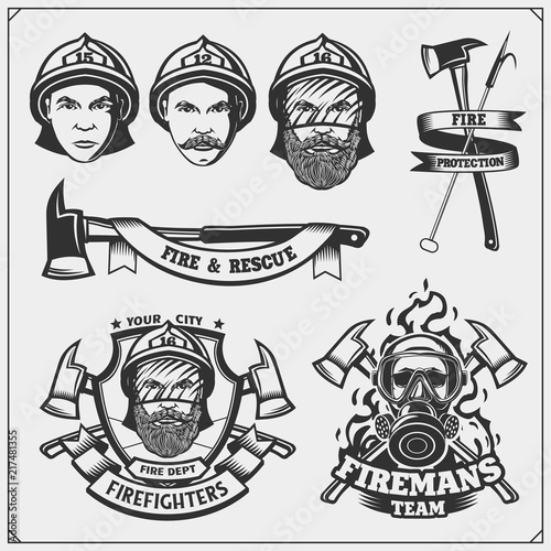 Set of firefighter emblems, labels and design elements. Vector monochrome illustration.