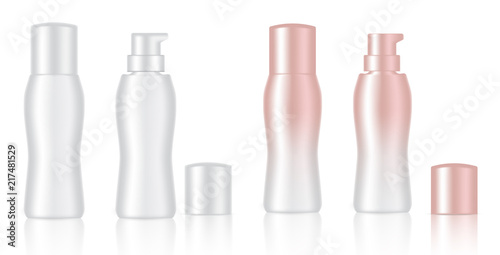 Mock up Realistic White and Rose Gold Color Cosmetic Soap, Shampoo, Cream, Serum, Essential Oil Or Body Lotion Bottles Set Background Illustration