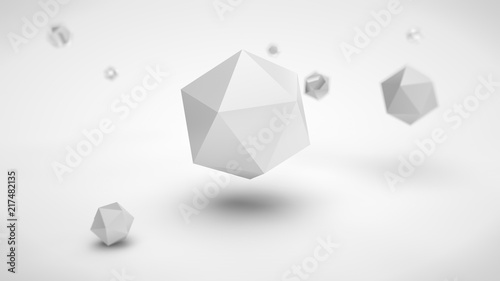 the image of the array of polyhedra in the space, with different depth of field, white in color, and one of the polyhedron gray in the center, on a white background. 3D rendering