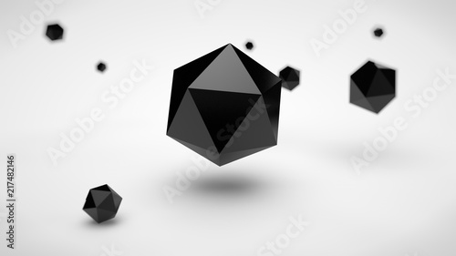 the image of the array of polyhedra in the space, with different depth of field, black, and a single polyhedron of black in the center, on a white background. 3D rendering
