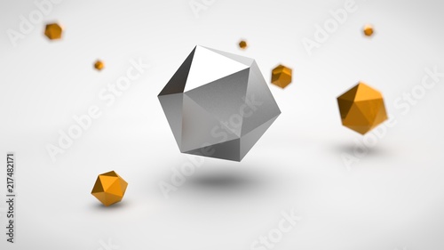 Valokuva the image of the array of polyhedra in the space, with different depth of field of gold, and one of the polyhedron silver color in the center, on a white background