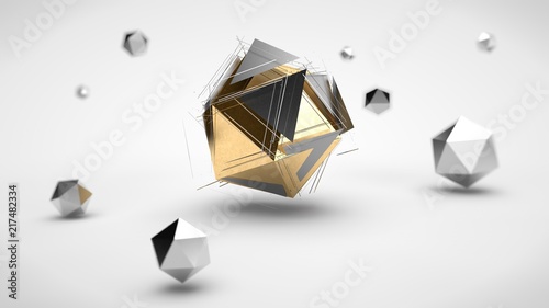 Fotografie the image of an array of polyhedrons, with different depth of field, silver and platinum, and one decaying into the fragments of the polyhedron in the center, on a white background