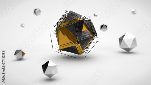 Obraz na plátně the image of an array of polyhedrons, with different depth of field, silver and platinum, and one decaying into the fragments of the polyhedron in the center, on a white background