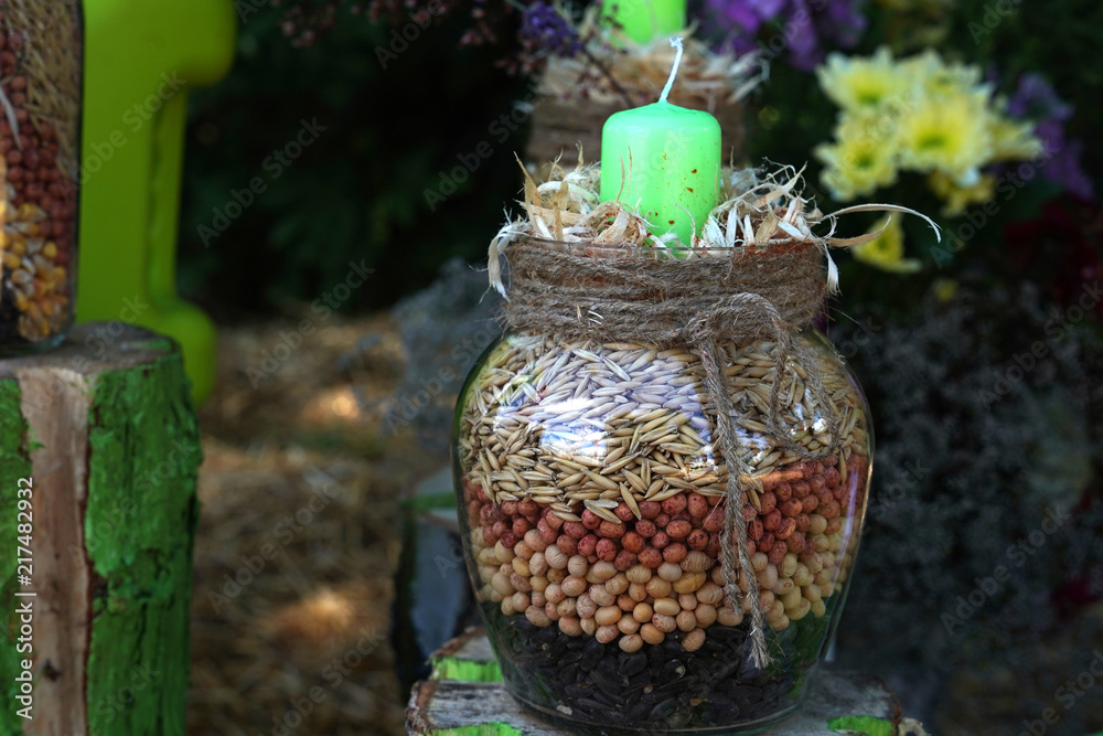 Bank with grains of oats, peas and sunflower Bank with grains of oats, peas and sunflower