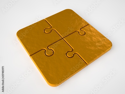 Picture puzzles four puzzle gold put together. A symbol of unity, wisdom, opportunity. The image on a white background. 3D rendering. photo