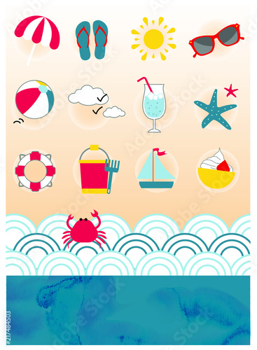 Icones illustration plages ballon tong étoiles de mer