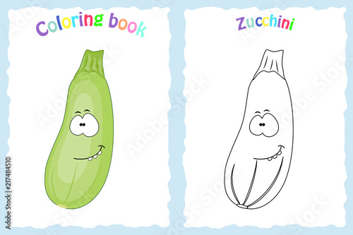 Coloring book page for  children with colorful zucchini  and ske