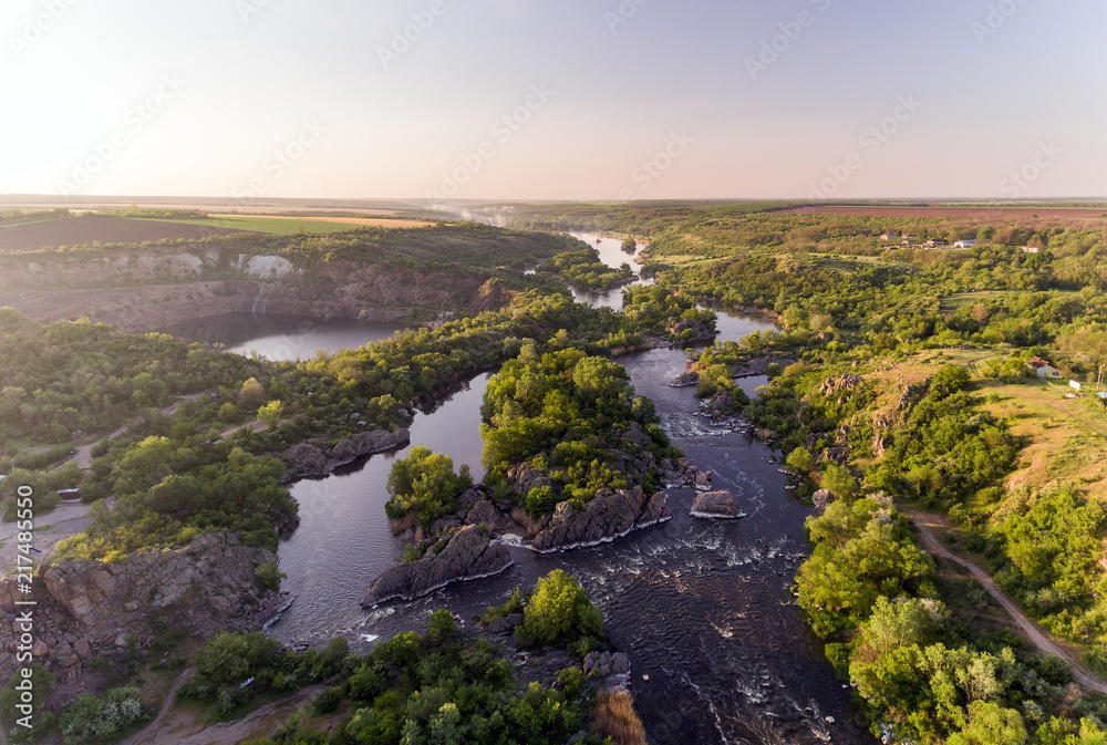 The Southern Bug River. Picturesque rocks and river rapids.