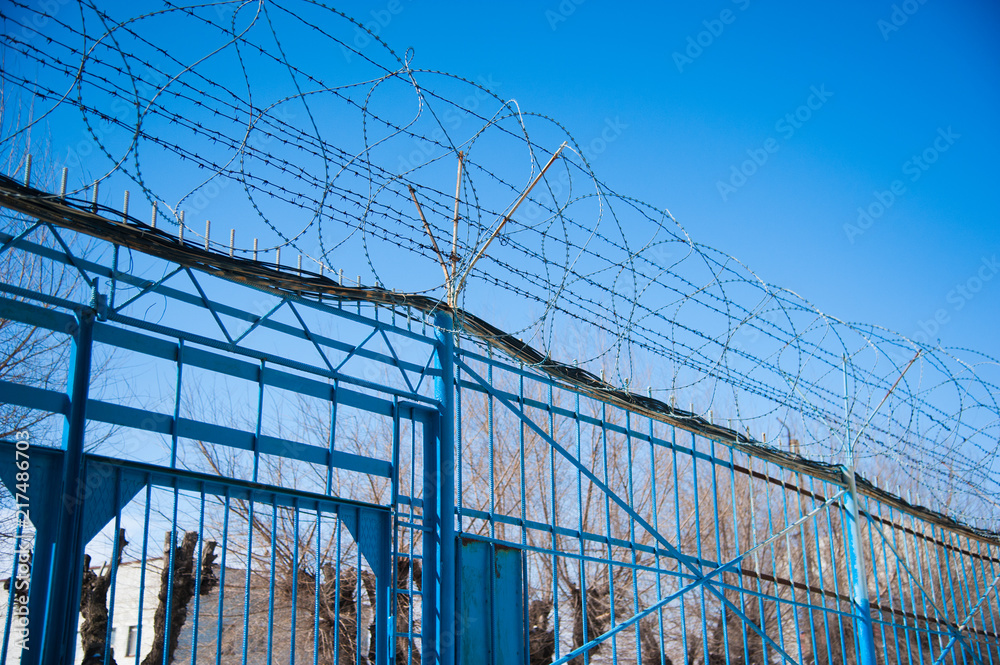 Fototapeta premium Barbed fence around prison walls