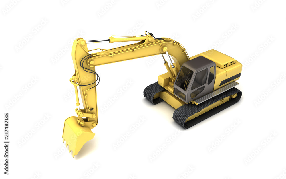 Massive powerful concept. Hydraulic Excavator with bucket. 3d illustration. High angle view. Front side view. Isolated on white background Massive powerful concept. Hydraulic Excavator with bucket. 3d illustration. High angle view. Front side view. Isolated on white background