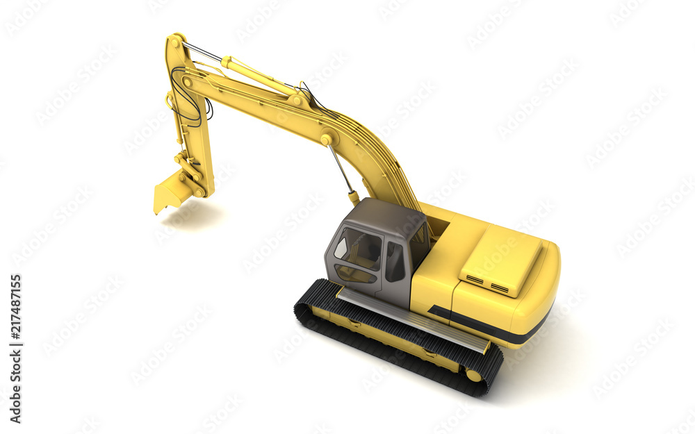 Massive powerful concept. Hydraulic Excavator with bucket. 3d illustration. High angle view. Rear side view. Isolated on white background Massive powerful concept. Hydraulic Excavator with bucket. 3d illustration. High angle view. Rear side view. Isolated on white background