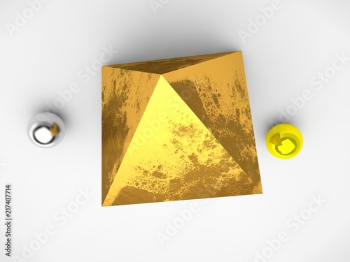 The image of the Golden prism, with spots on the surface and two balls of the precious metal. Inverted image. A symbol of firmness and principle. 3D rendering on white background.