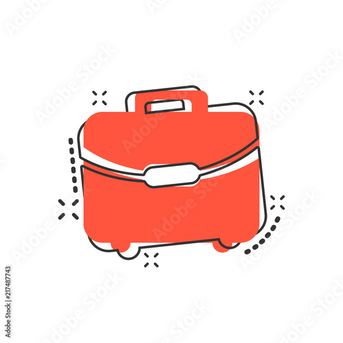 Vector cartoon suitcase icon in comic style. Luggage bag sign illustration pictogram. Diplomat case business splash effect concept.